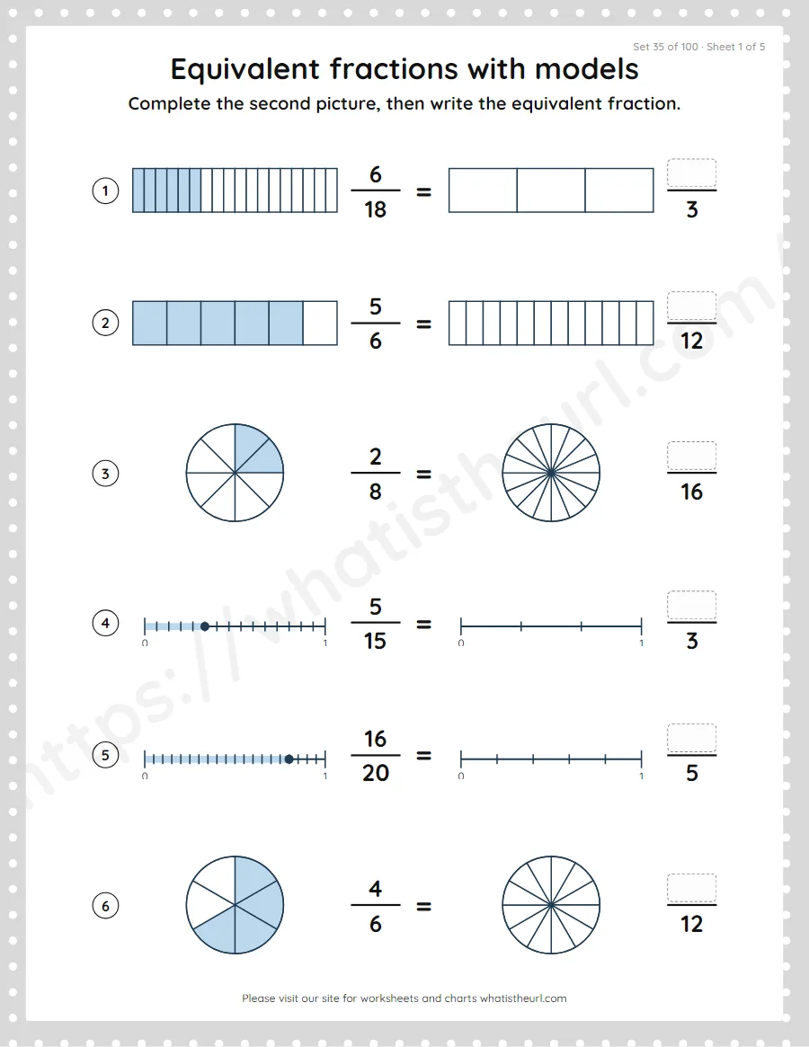 Grade 4 equivalent fractions with models worksheet, set 35