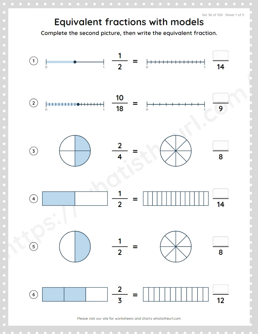 Grade 4 equivalent fractions with models worksheet, set 36