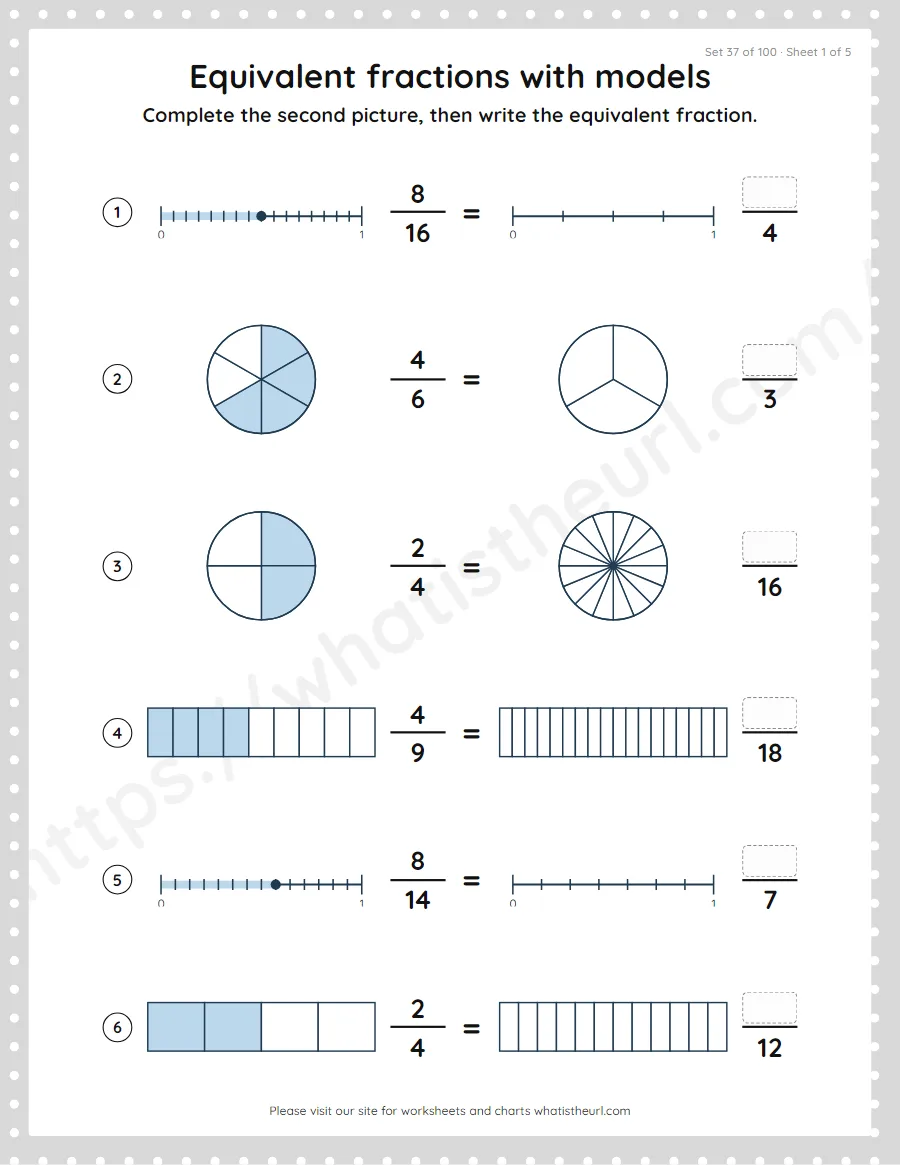 Grade 4 equivalent fractions with models worksheet, set 37