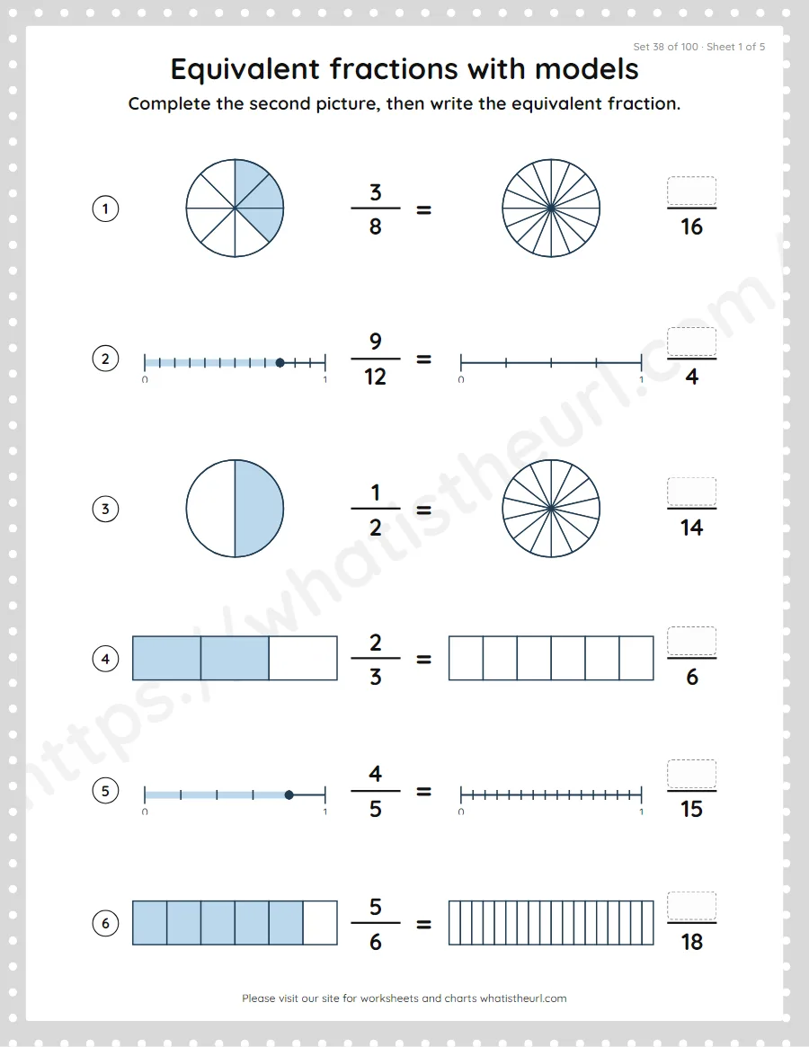 Grade 4 equivalent fractions with models worksheet, set 38