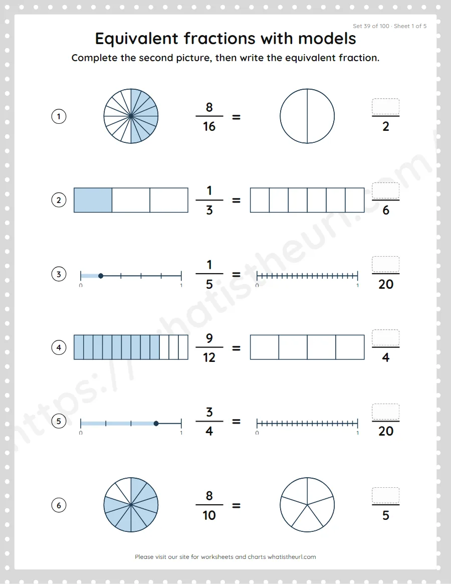 Grade 4 equivalent fractions with models worksheet, set 39