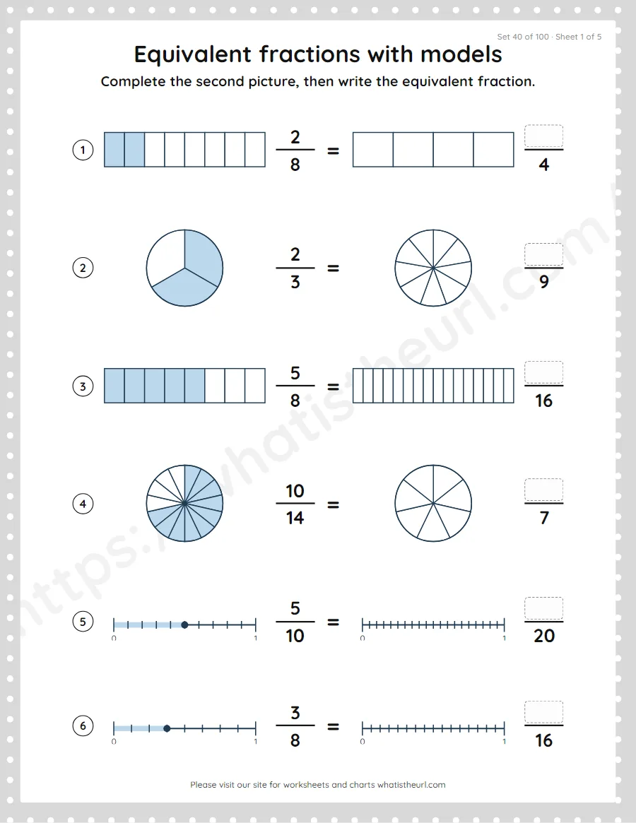 Grade 4 equivalent fractions with models worksheet, set 40