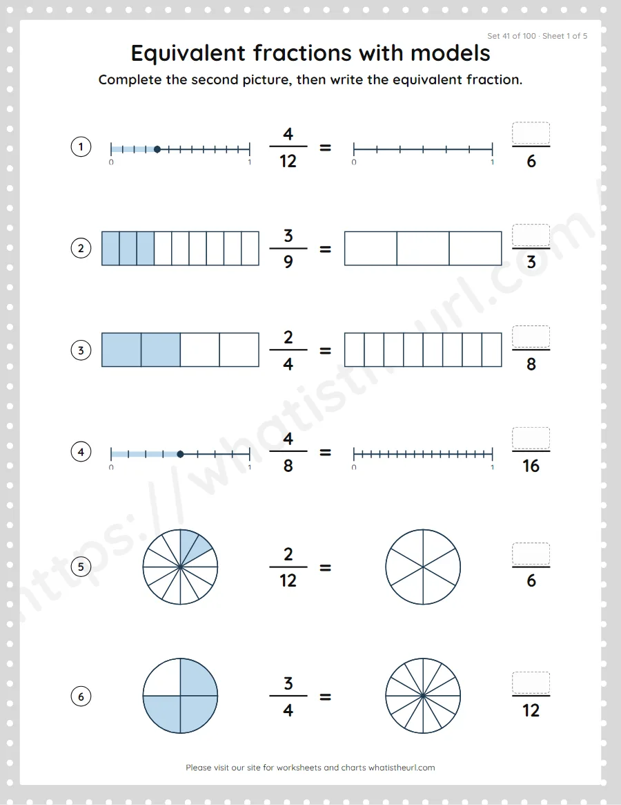 Grade 4 equivalent fractions with models worksheet, set 41