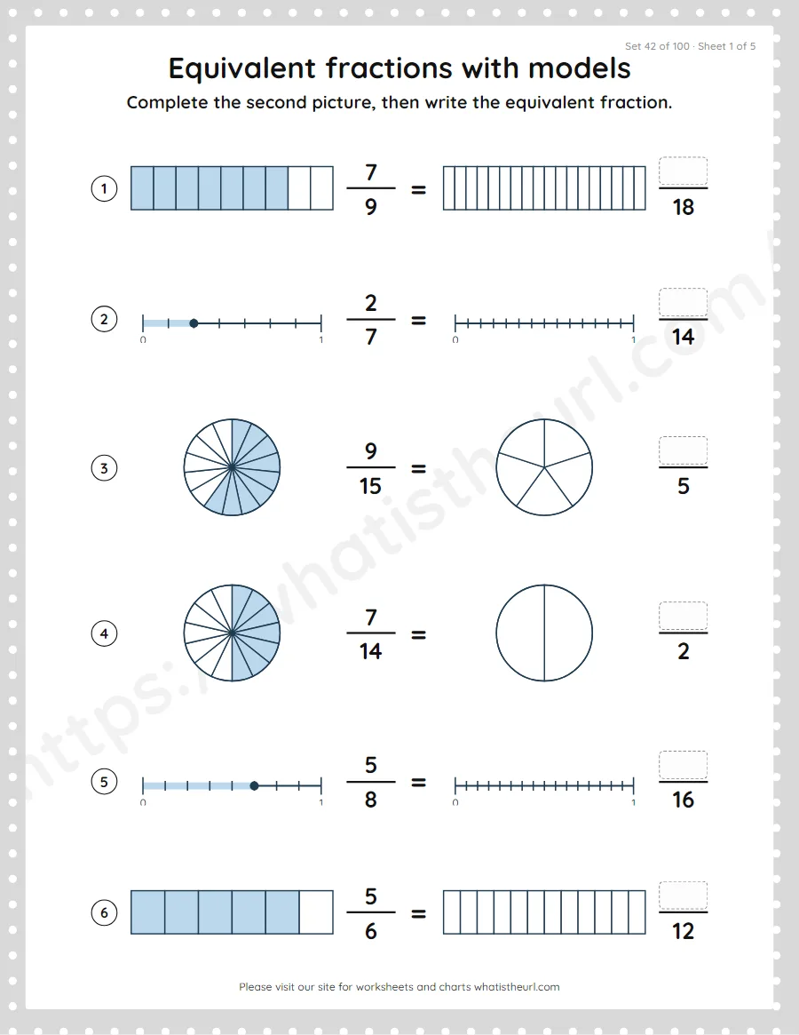 Grade 4 equivalent fractions with models worksheet, set 42