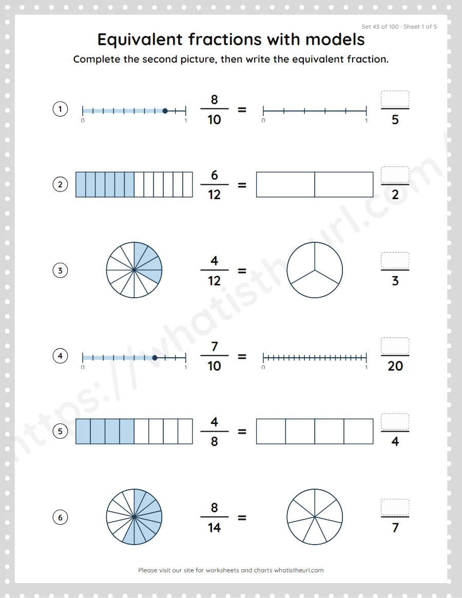 Grade 4 equivalent fractions with models worksheet, set 43