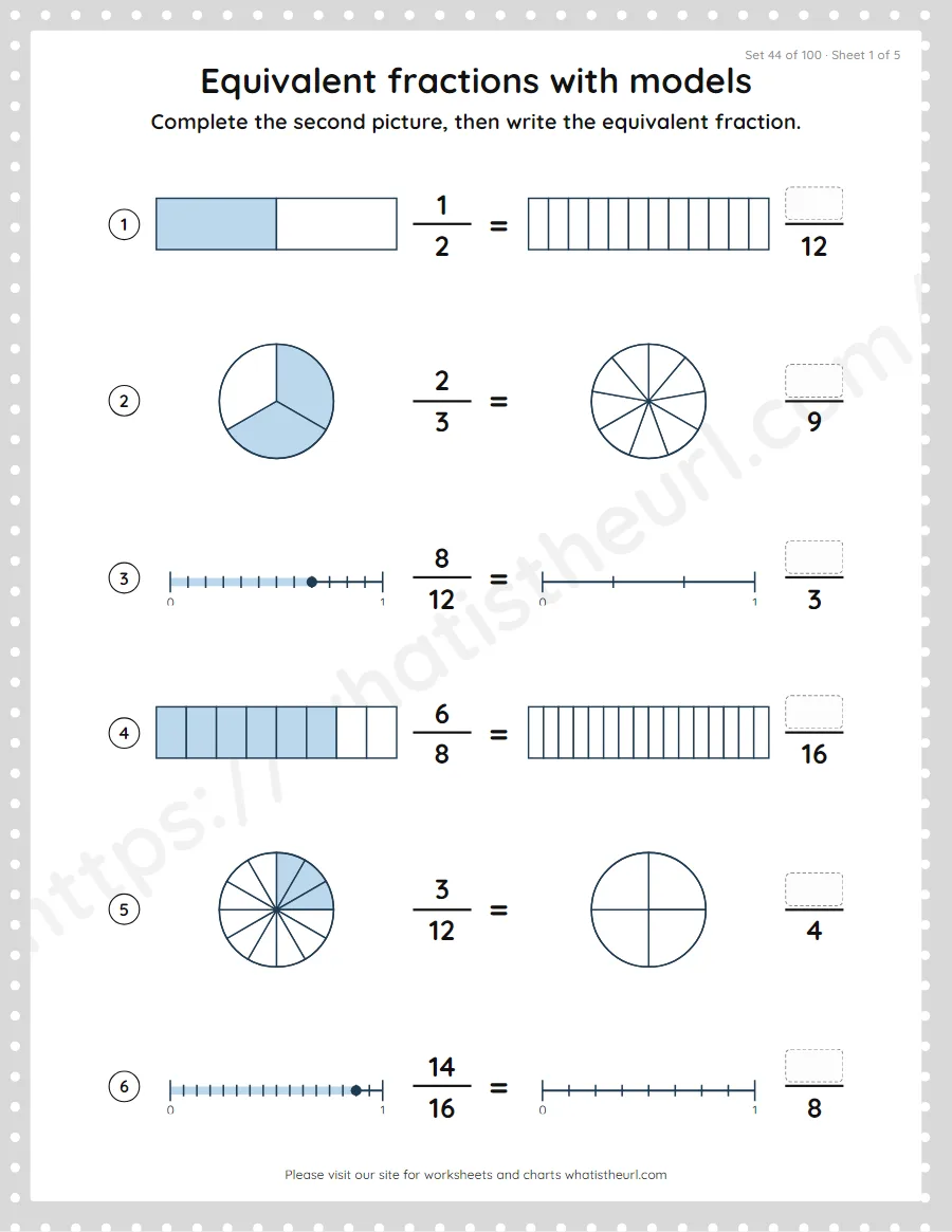Grade 4 equivalent fractions with models worksheet, set 44