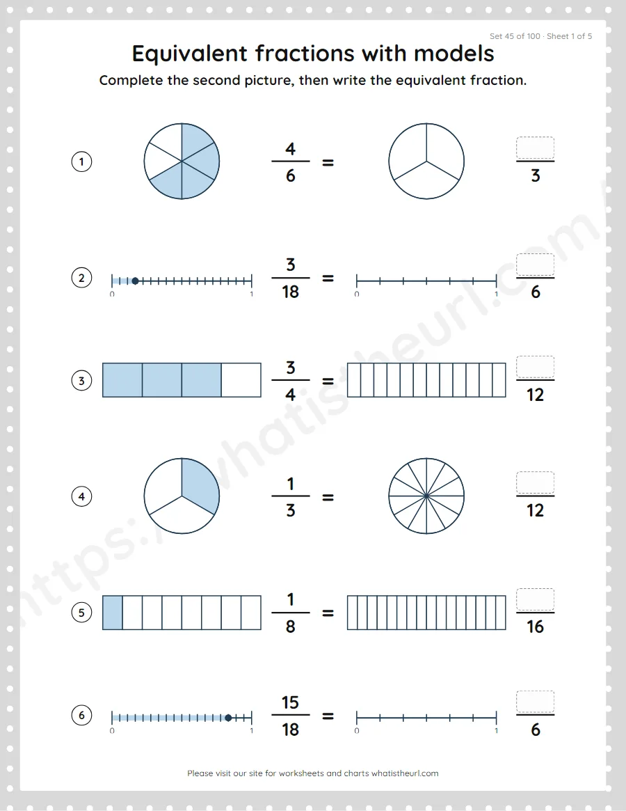 Grade 4 equivalent fractions with models worksheet, set 45