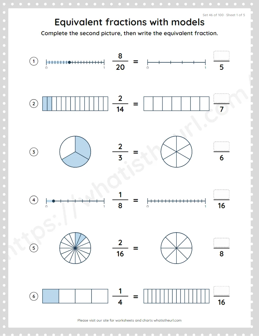 Grade 4 equivalent fractions with models worksheet, set 46