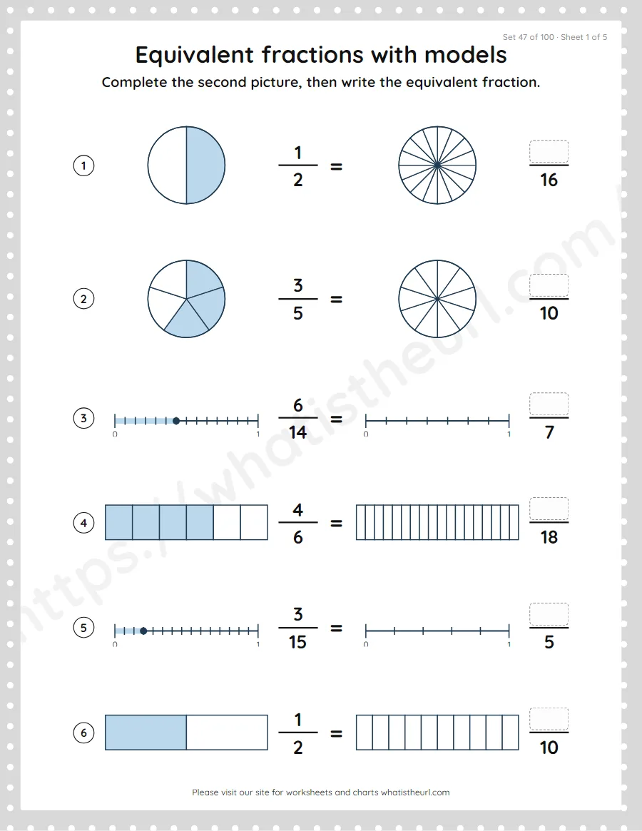 Grade 4 equivalent fractions with models worksheet, set 47