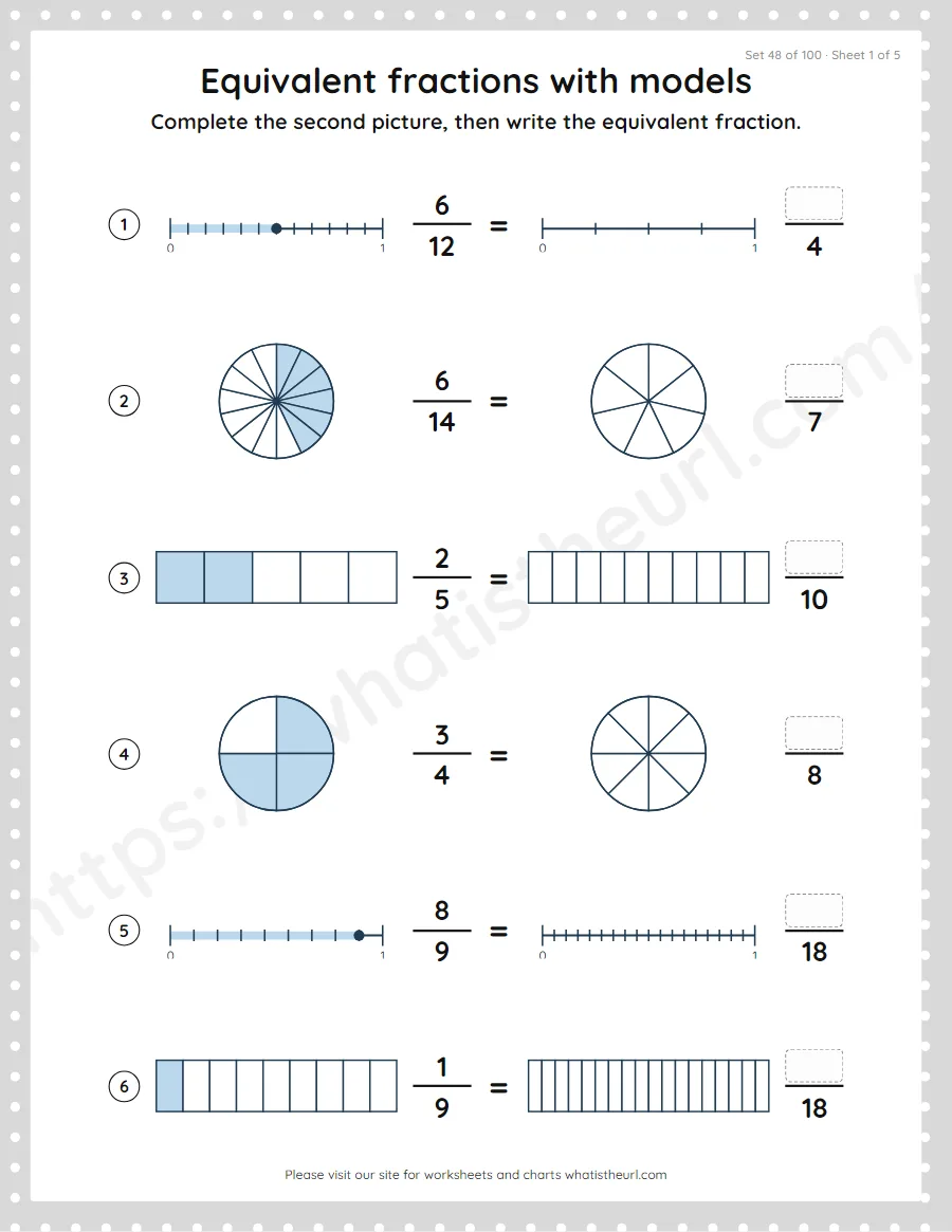 Grade 4 equivalent fractions with models worksheet, set 48