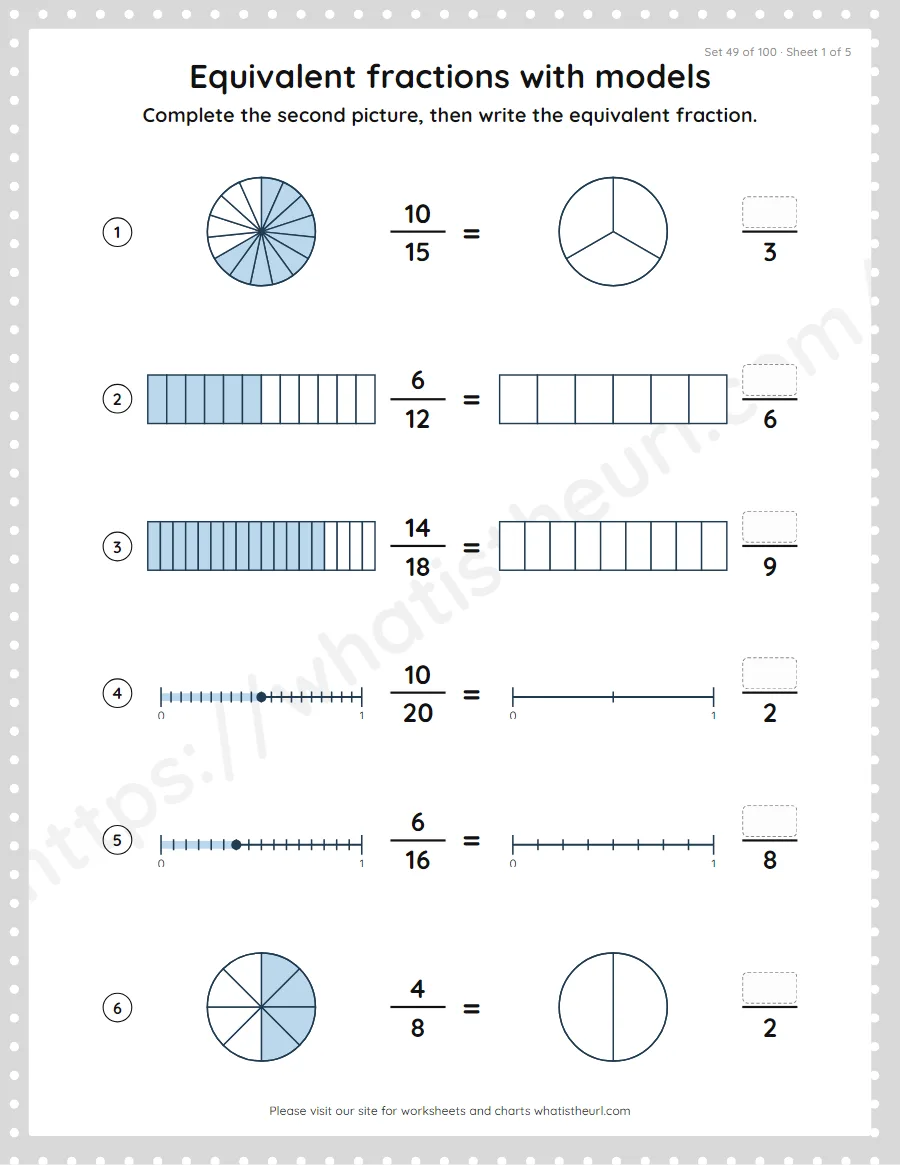 Grade 4 equivalent fractions with models worksheet, set 49