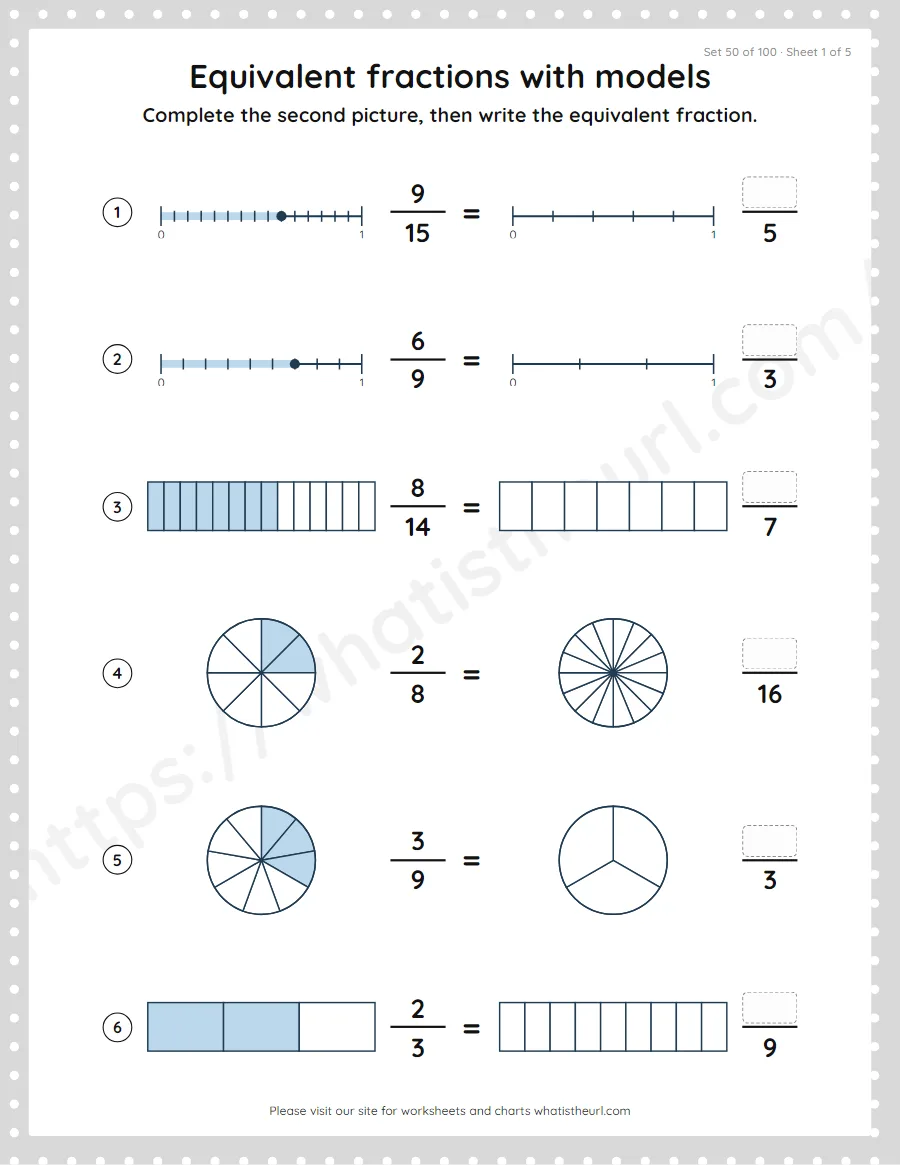 Grade 4 equivalent fractions with models worksheet, set 50
