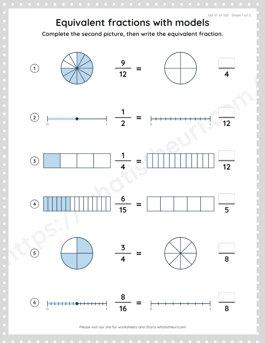 Grade 4 equivalent fractions with models worksheet, set 51