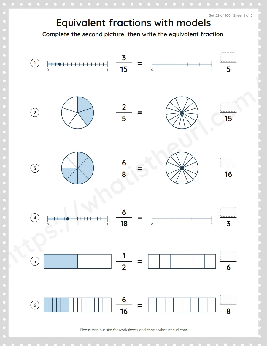 Grade 4 equivalent fractions with models worksheet, set 52