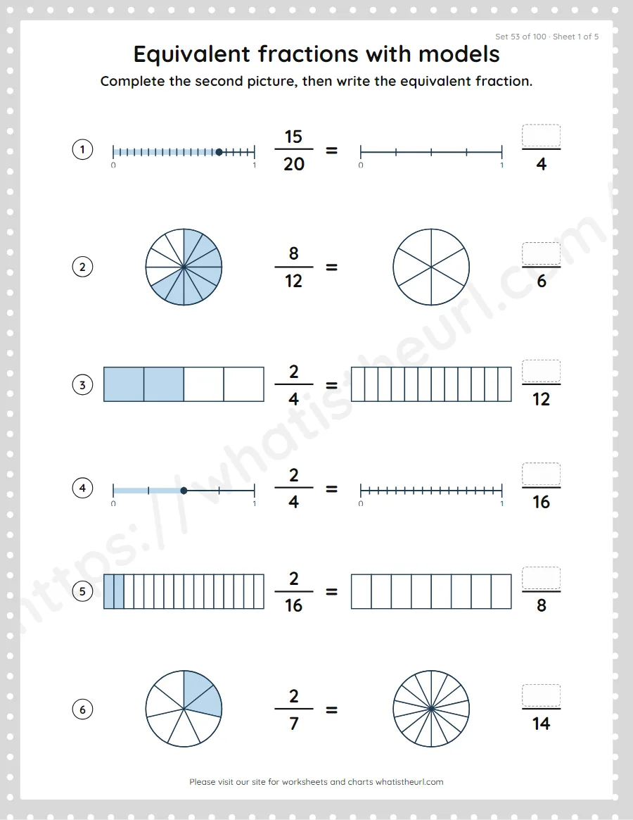 Grade 4 equivalent fractions with models worksheet, set 53
