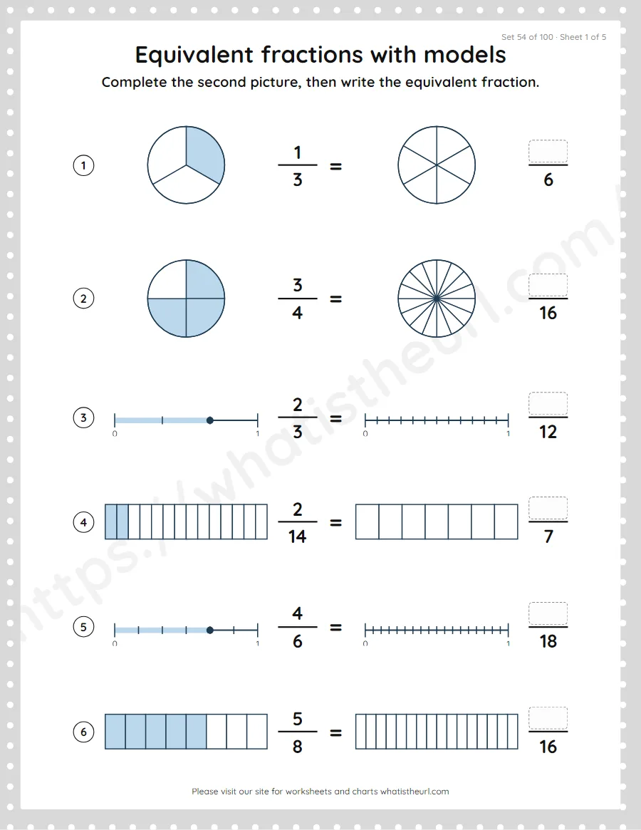 Grade 4 equivalent fractions with models worksheet, set 54