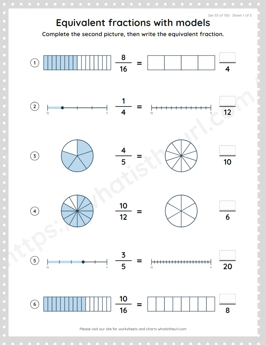 Grade 4 equivalent fractions with models worksheet, set 55