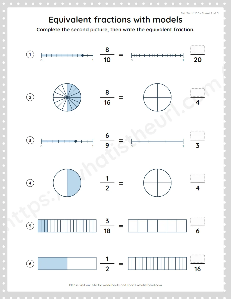 Grade 4 equivalent fractions with models worksheet, set 56