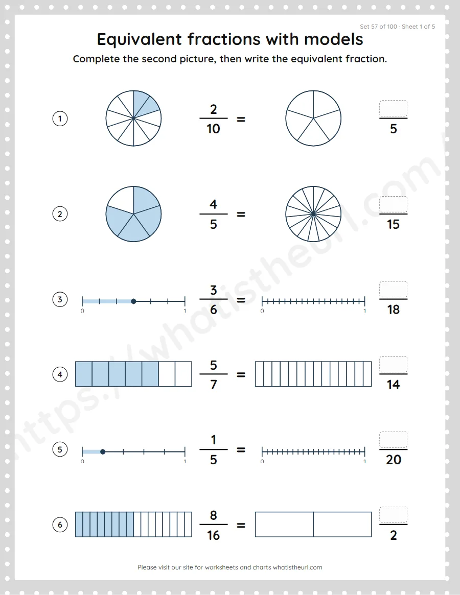 Grade 4 equivalent fractions with models worksheet, set 57