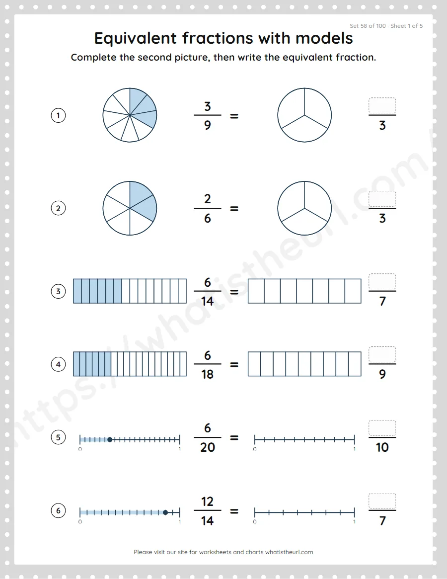 Grade 4 equivalent fractions with models worksheet, set 58