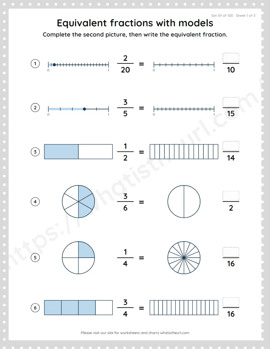Grade 4 equivalent fractions with models worksheet, set 59