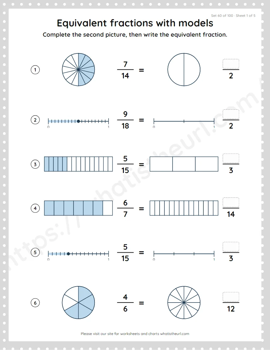 Grade 4 equivalent fractions with models worksheet, set 60
