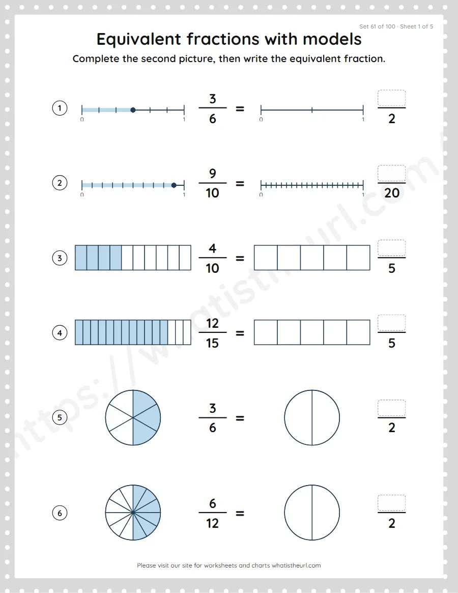 Grade 4 equivalent fractions with models worksheet, set 61