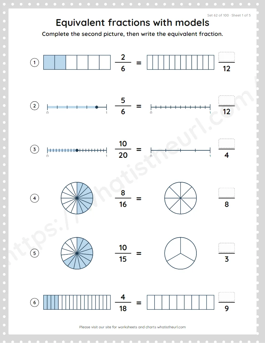 Grade 4 equivalent fractions with models worksheet, set 62