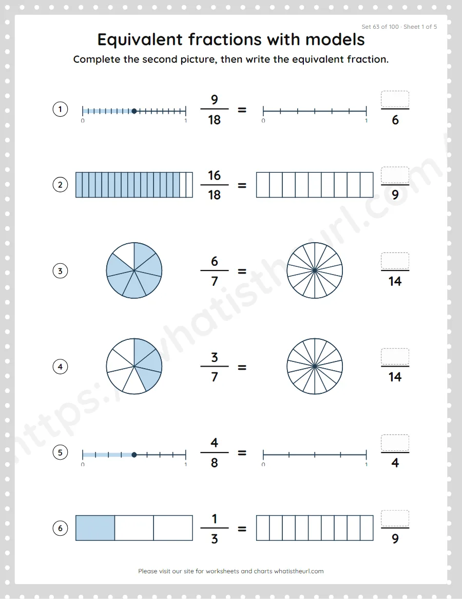 Grade 4 equivalent fractions with models worksheet, set 63