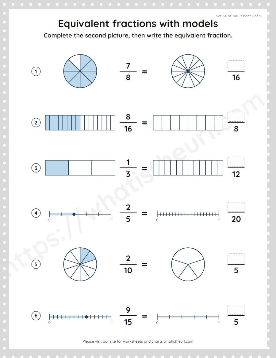 Grade 4 equivalent fractions with models worksheet, set 64
