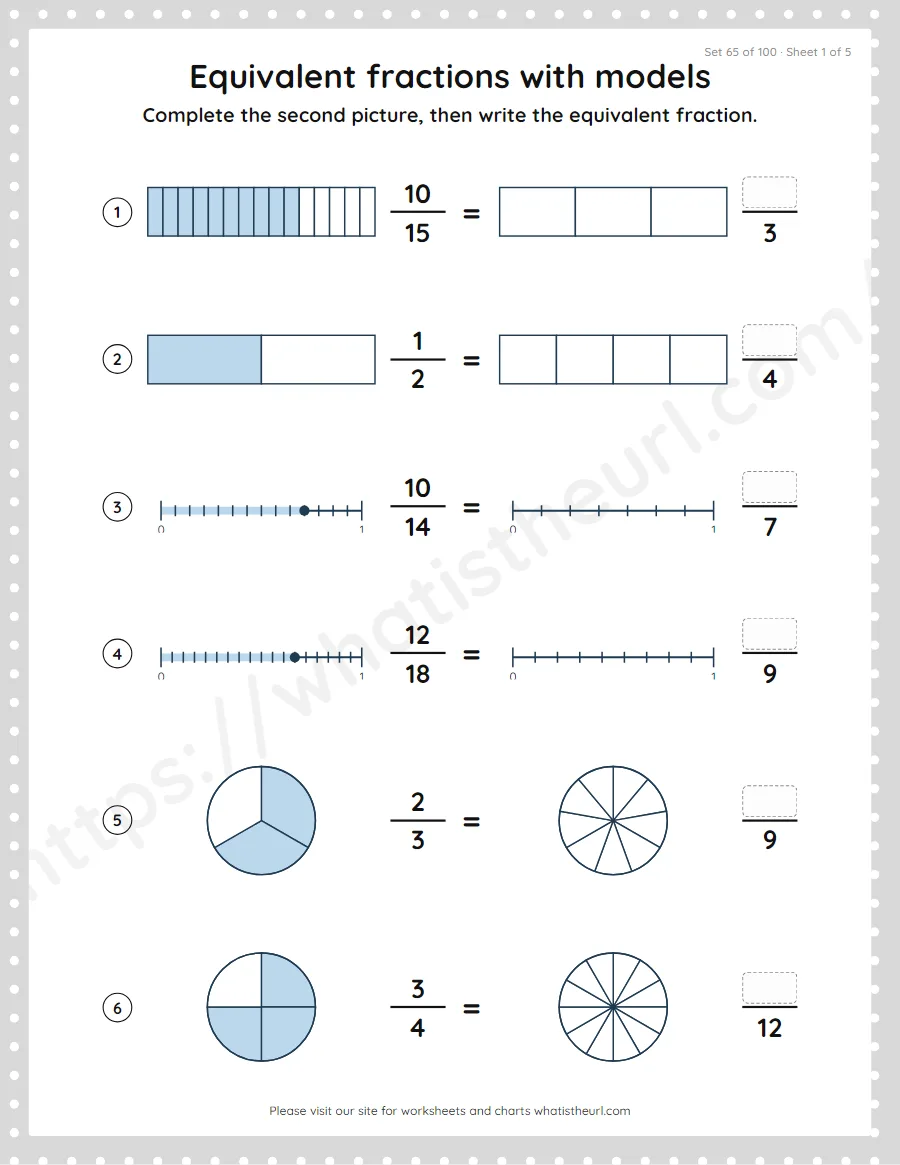 Grade 4 equivalent fractions with models worksheet, set 65