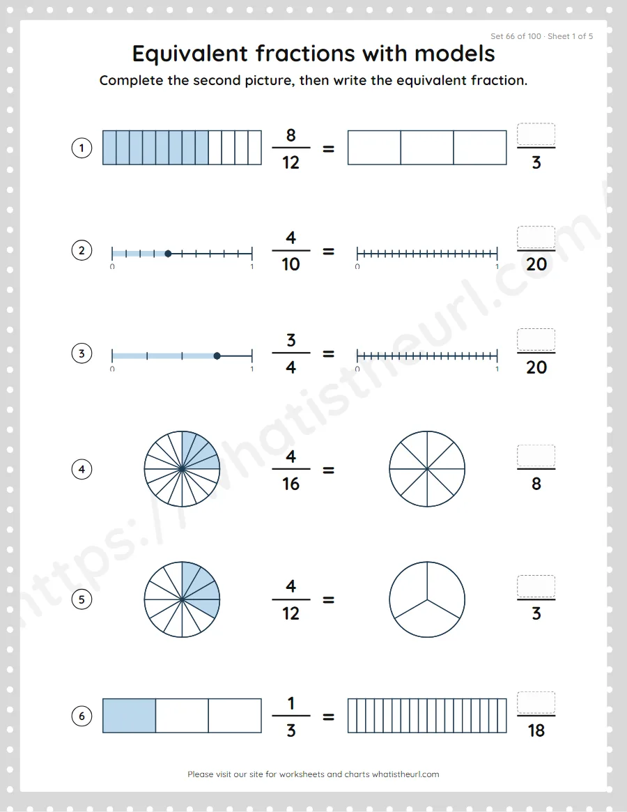 Grade 4 equivalent fractions with models worksheet, set 66