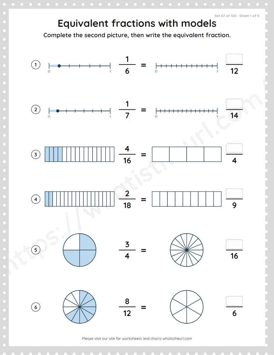 Grade 4 equivalent fractions with models worksheet, set 67