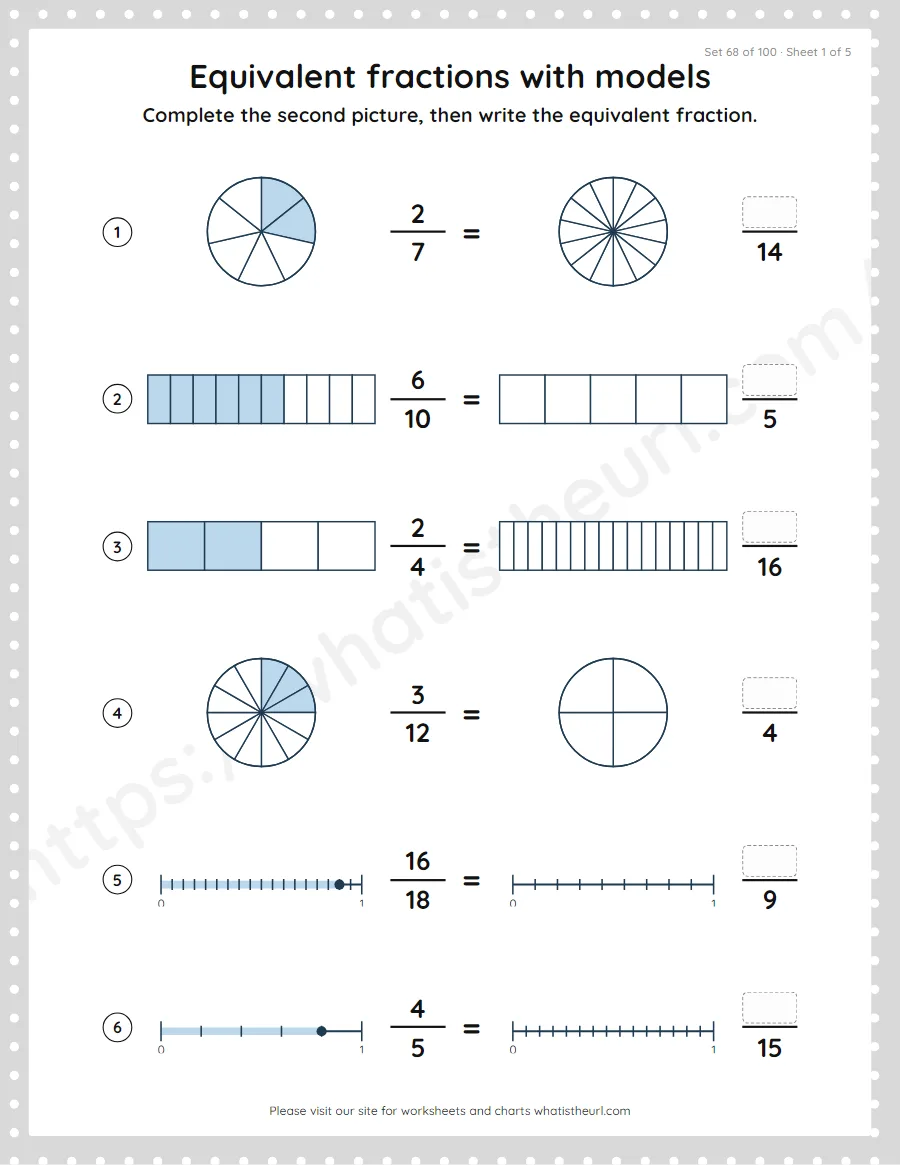 Grade 4 equivalent fractions with models worksheet, set 68