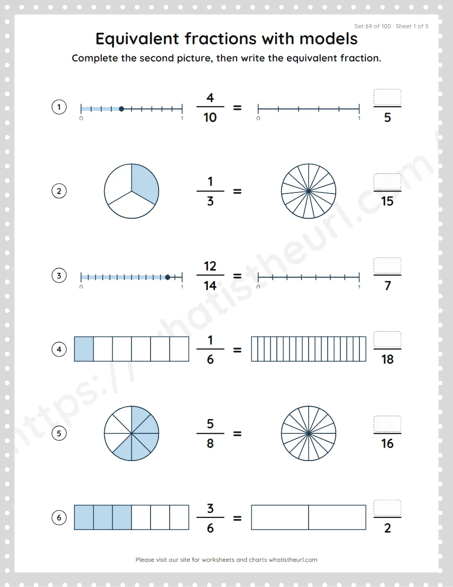 Grade 4 equivalent fractions with models worksheet, set 69