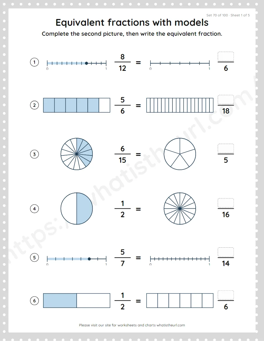 Grade 4 equivalent fractions with models worksheet, set 70