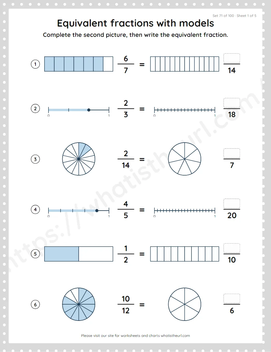 Grade 4 equivalent fractions with models worksheet, set 71