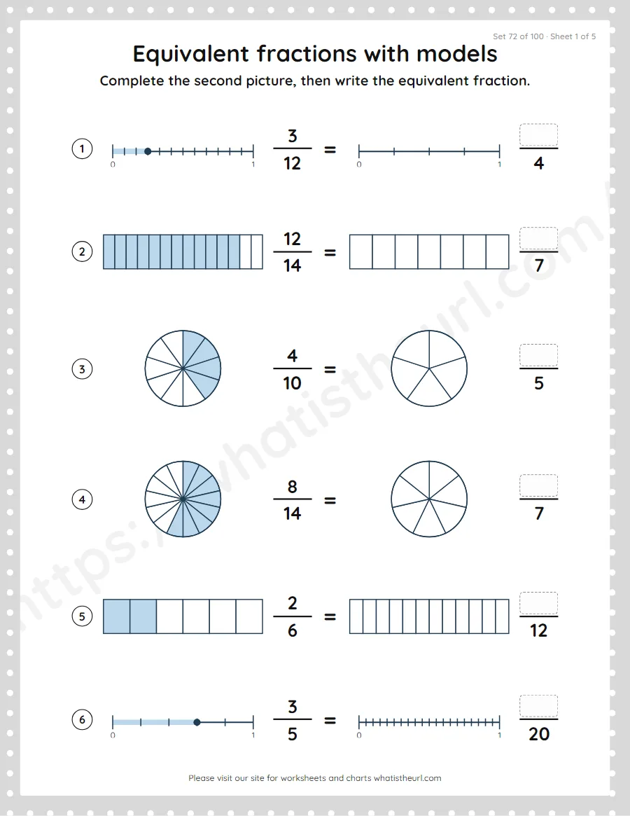 Grade 4 equivalent fractions with models worksheet, set 72