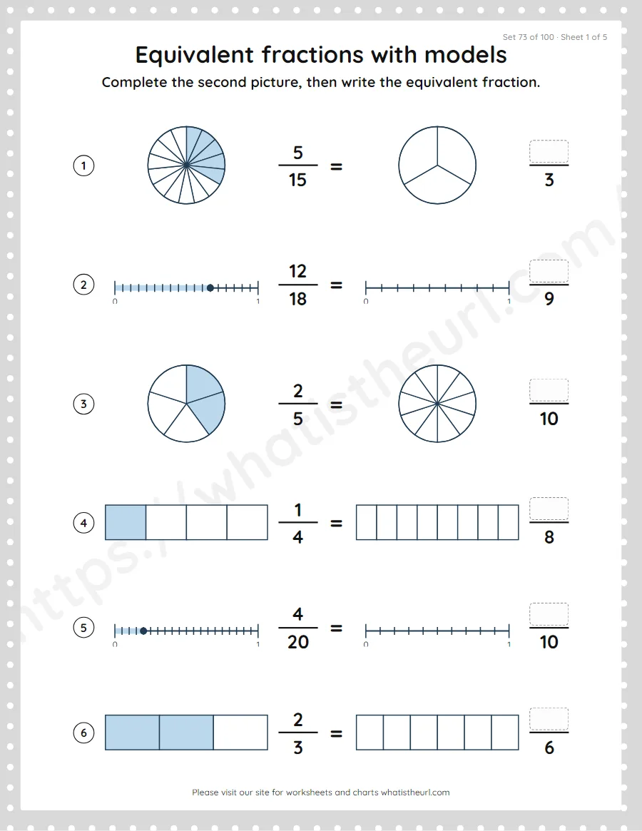 Grade 4 equivalent fractions with models worksheet, set 73