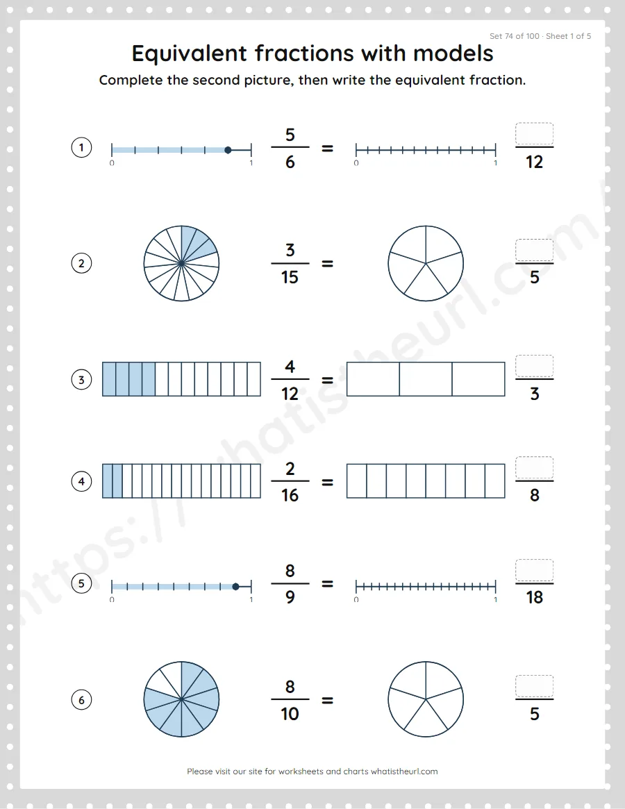 Grade 4 equivalent fractions with models worksheet, set 74