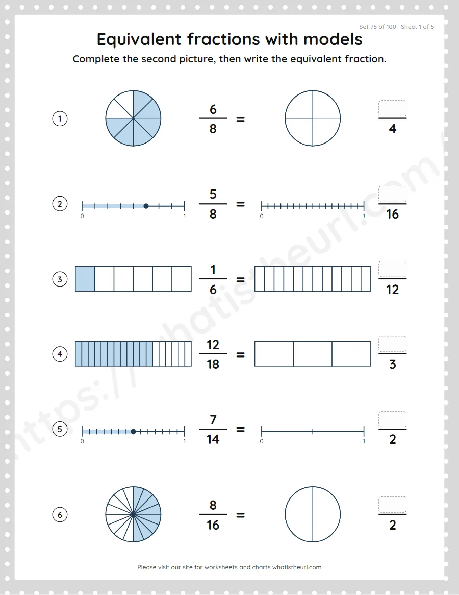 Grade 4 equivalent fractions with models worksheet, set 75