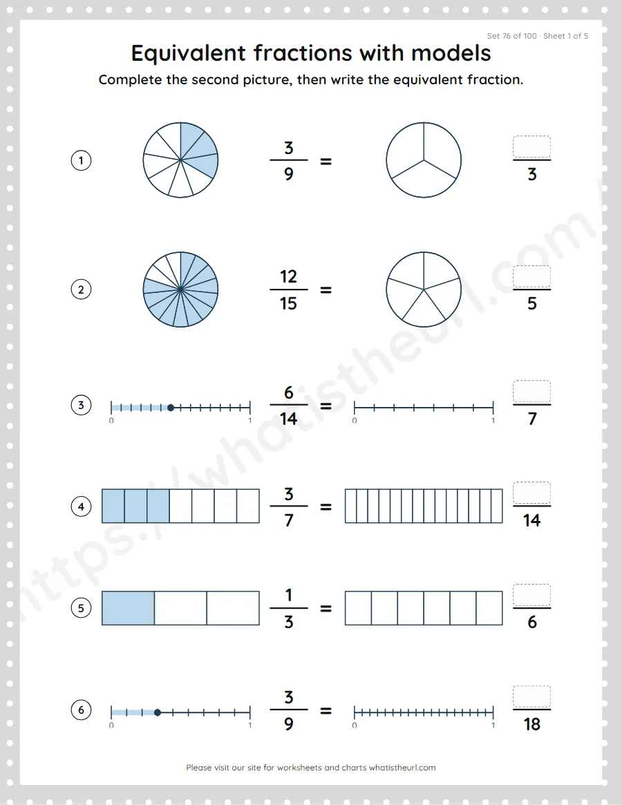 Grade 4 equivalent fractions with models worksheet, set 76