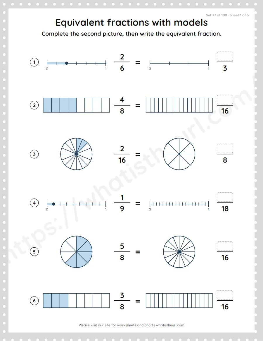 Grade 4 equivalent fractions with models worksheet, set 77