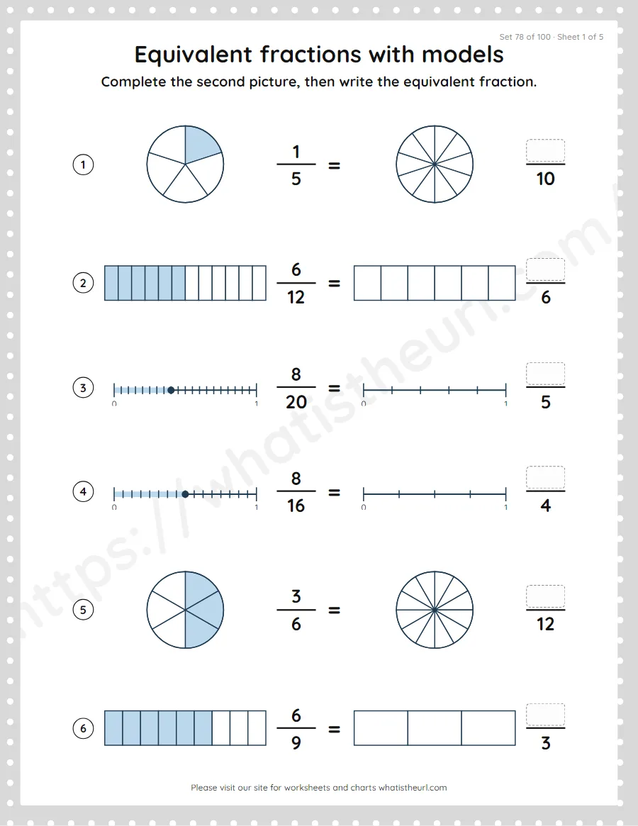 Grade 4 equivalent fractions with models worksheet, set 78