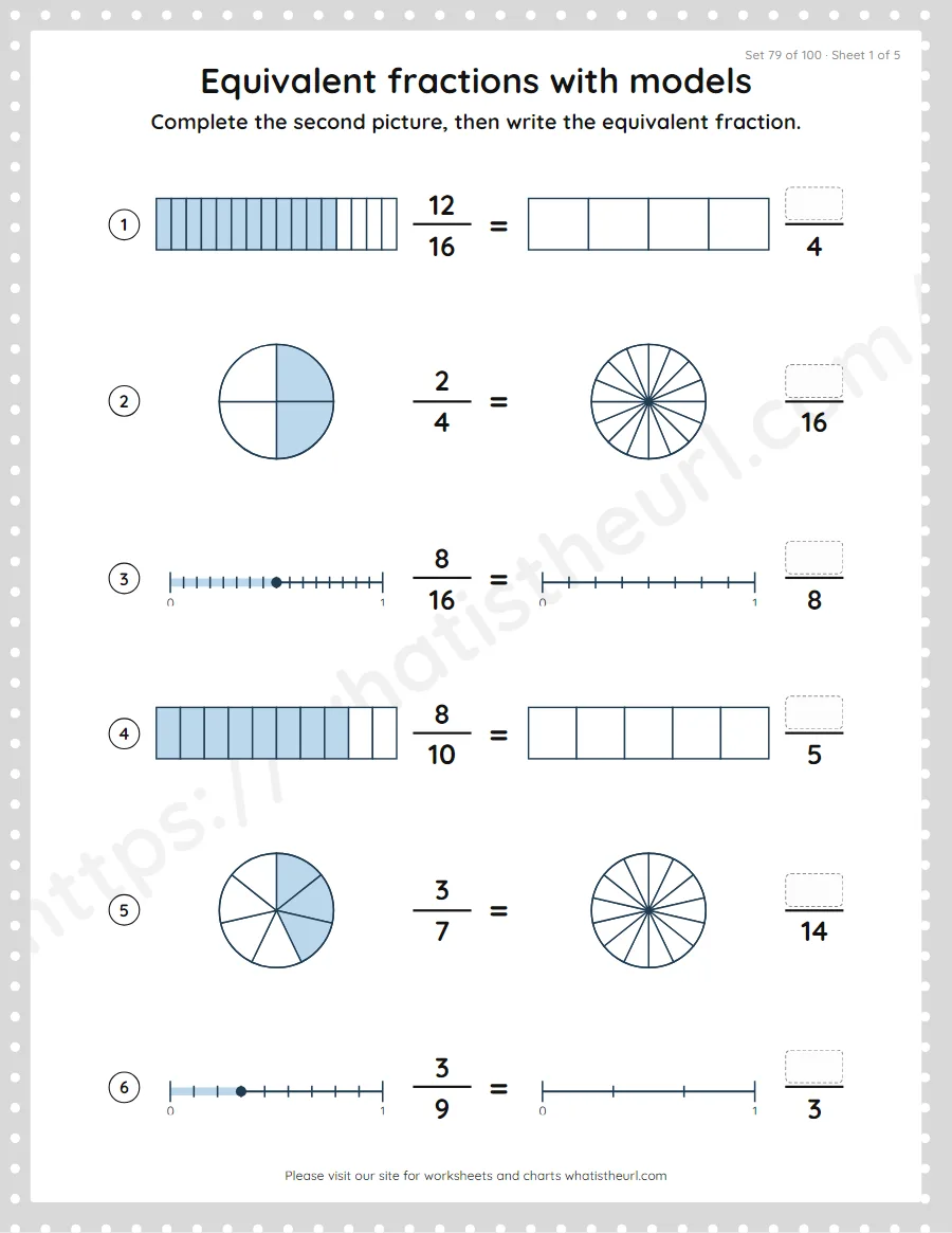 Grade 4 equivalent fractions with models worksheet, set 79