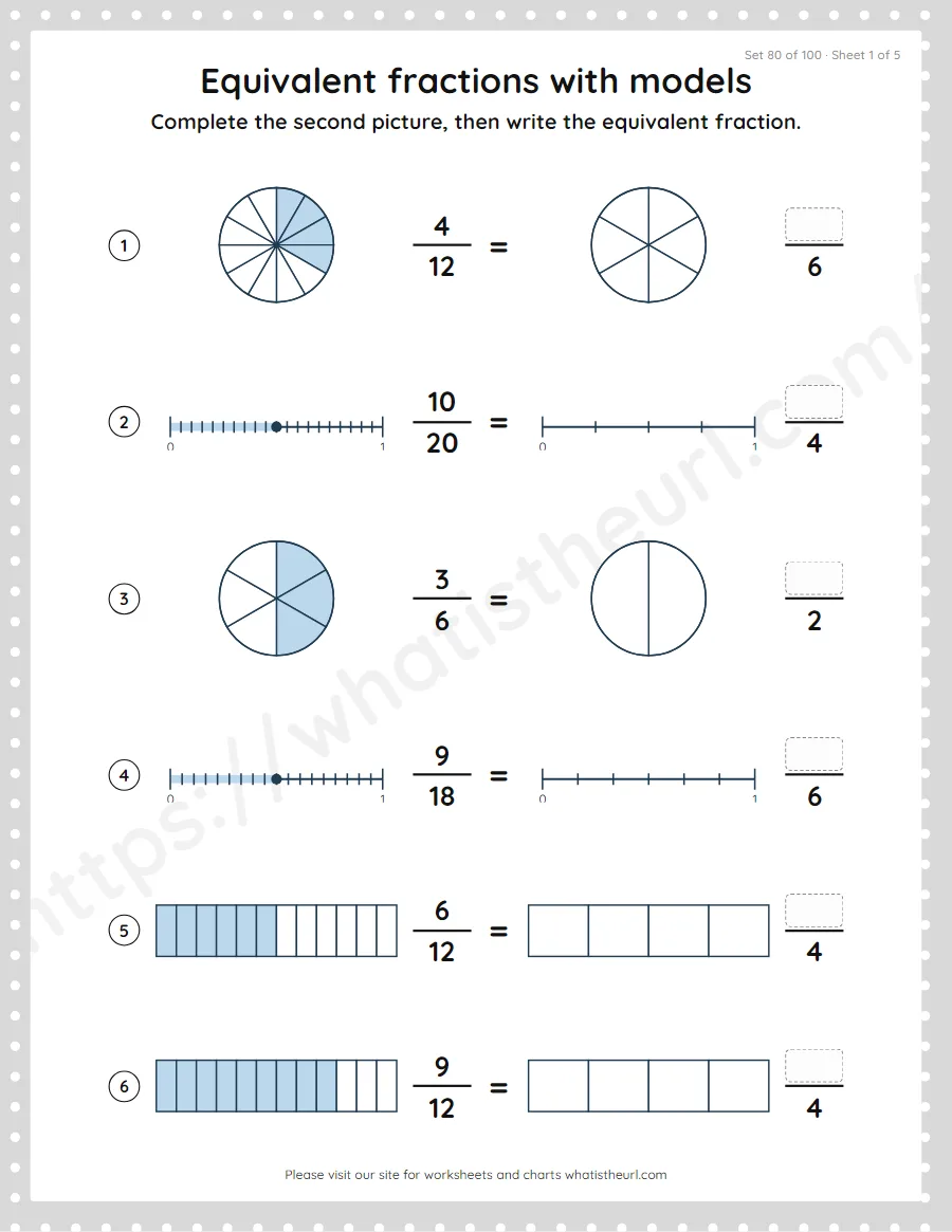 Grade 4 equivalent fractions with models worksheet, set 80