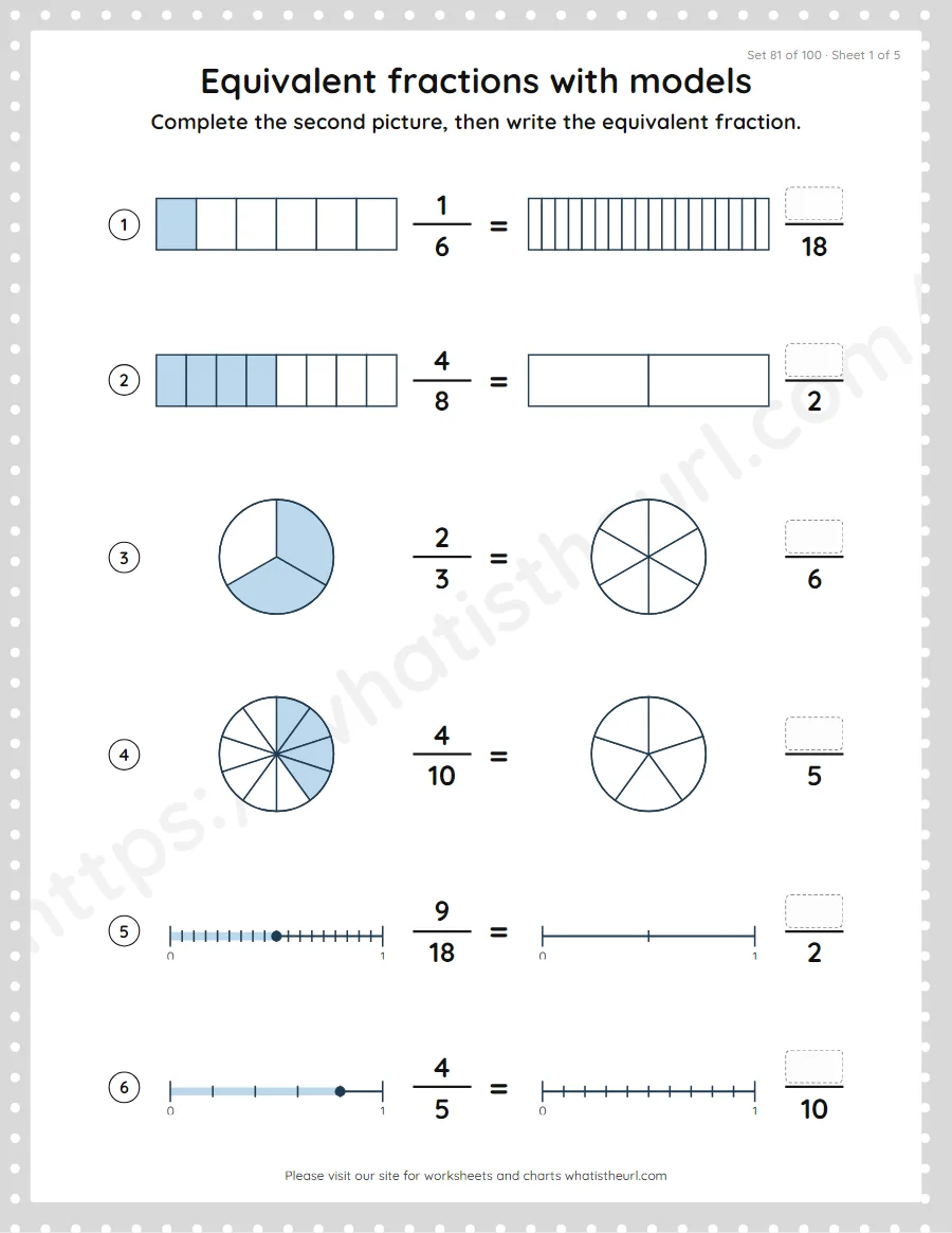 Grade 4 equivalent fractions with models worksheet, set 81