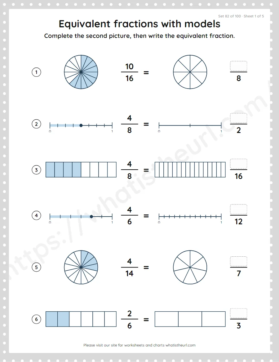 Grade 4 equivalent fractions with models worksheet, set 82