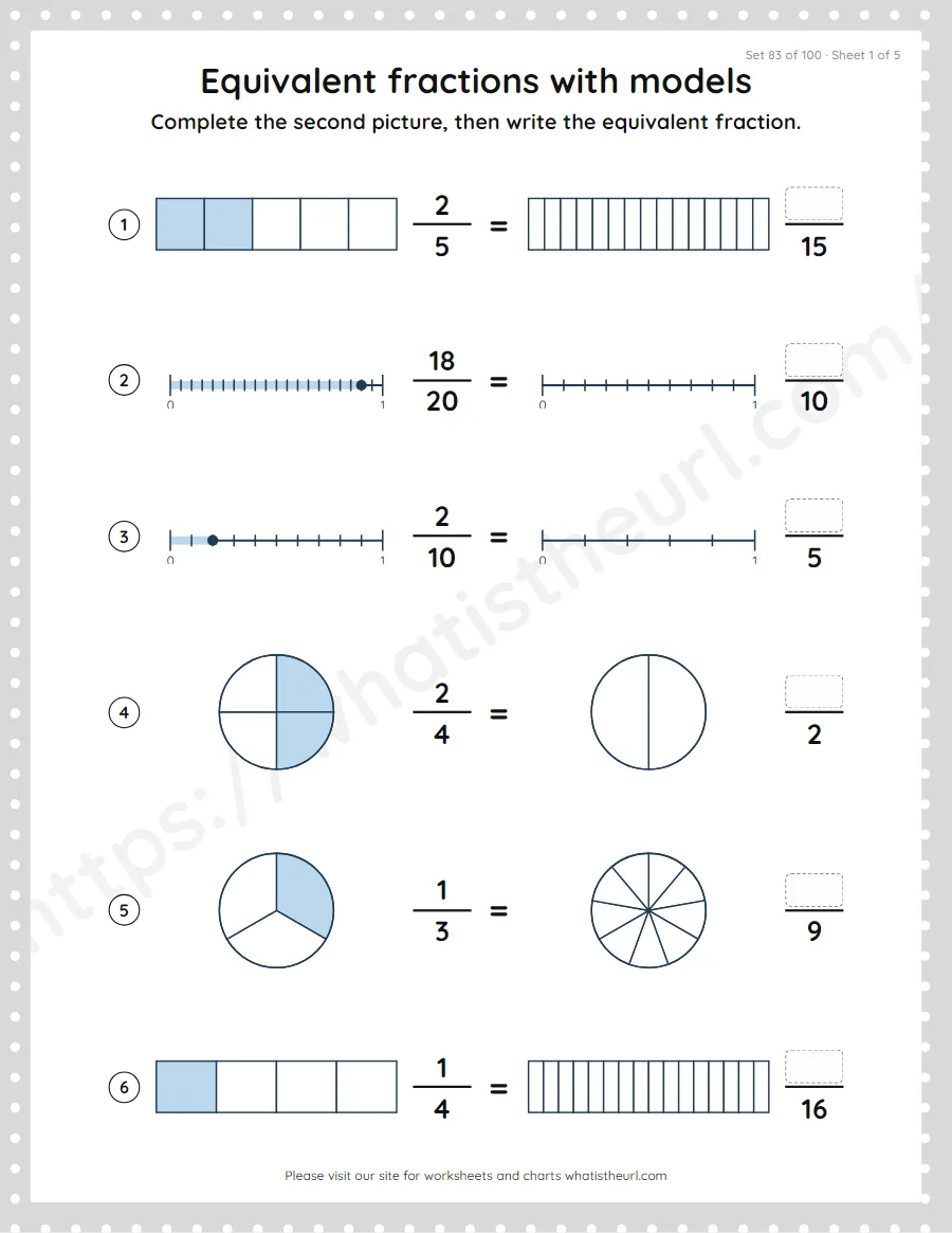 Grade 4 equivalent fractions with models worksheet, set 83