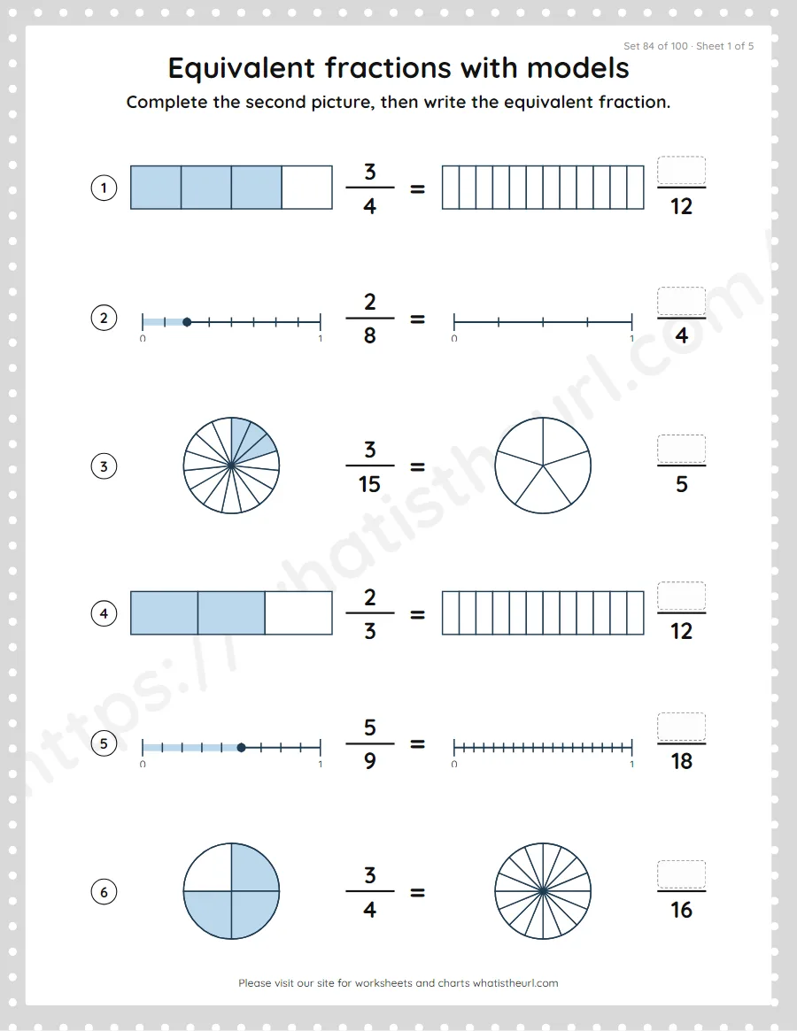 Grade 4 equivalent fractions with models worksheet, set 84